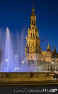 Fountain in the Plaza de Espana in the city of Seville in the Andalusia region of Spain. UNESCO World Heritage Site.