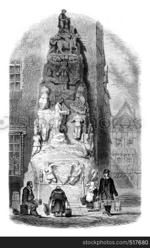 Fountain of Lisieux hotel in Rouen, vintage engraved illustration. Magasin Pittoresque 1845.