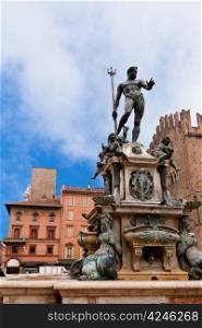Fountain of Neptune on Piazza del Nettuno in Bologna, Italy with blue sky and white cloud background