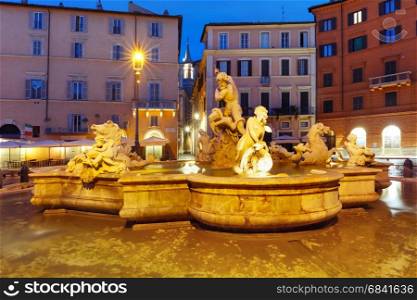 Fountain of Neptune on Piazza Navona, Rome, Italy.. The Fountain of Neptune on the famous Piazza Navona Square at night, Rome, Italy.