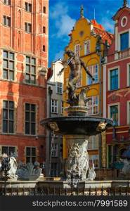 Fountain of Neptune on the Long Market Street in Main City of Gdansk, Poland