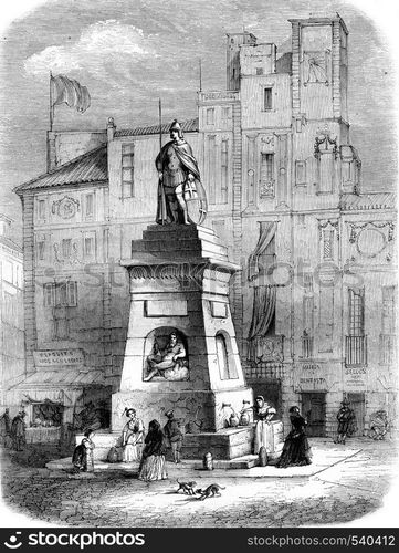 Fountain of Old-Man Fuente del Viejo, on the Rambla in Barcelona, vintage engraved illustration. Magasin Pittoresque 1857.