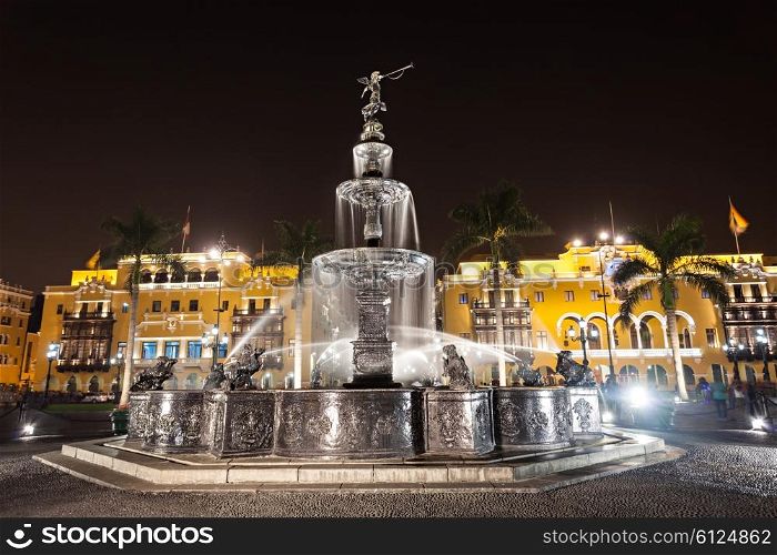 Fountain on the Plaza Mayor in Lima, Peru