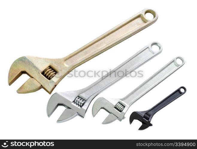 four adjustable wrenches of different sizes, isolated, clipping, path