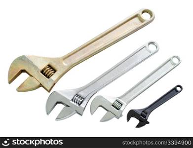 four adjustable wrenches of different sizes, isolated, clipping, path