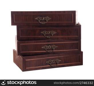 four antique wooden drawers isolated on white background