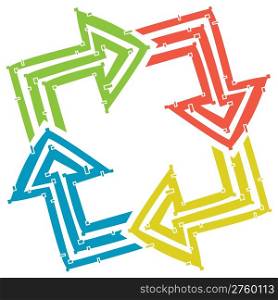 Four arrows made out of lines: green, red, yellow and blue