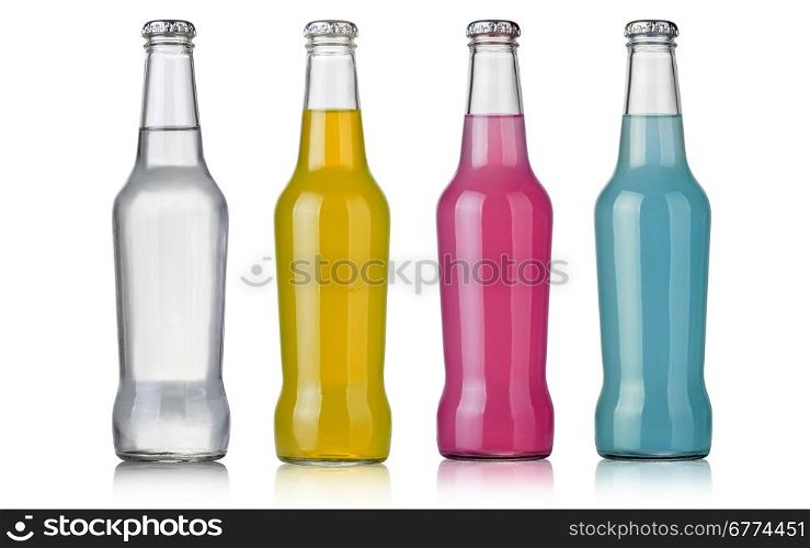 Four assorted soda bottles, non-alcoholic drinks isolated on white