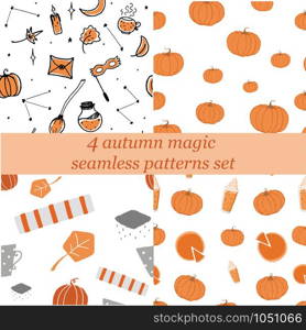 Four autumn magic seamless pattern set. Halloween autumn decoration in vector. Decor for print and web, wrapping paper design template. Seamless pattern design.