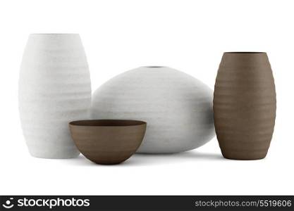 four brown and white ceramic vases isolated on white background