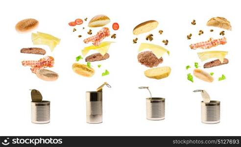four burgers with different ingredients floating of a can against white background