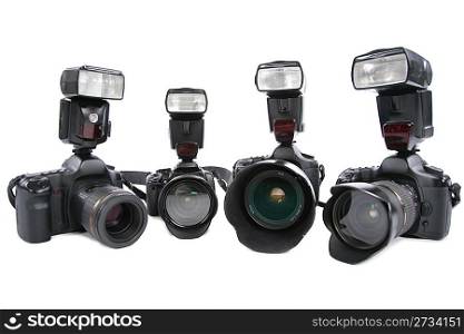 four Cameras with flashes on white background