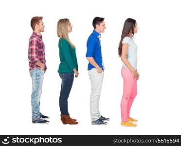 Four casual group of people in a row isolated over a white background&#xA;