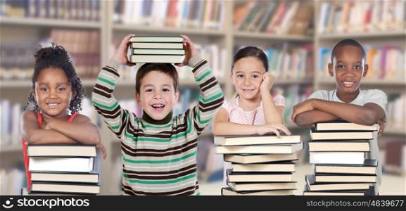 Four children in the library with many books
