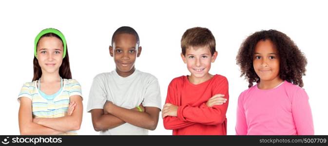 Four children looking at camera isolated on a white background