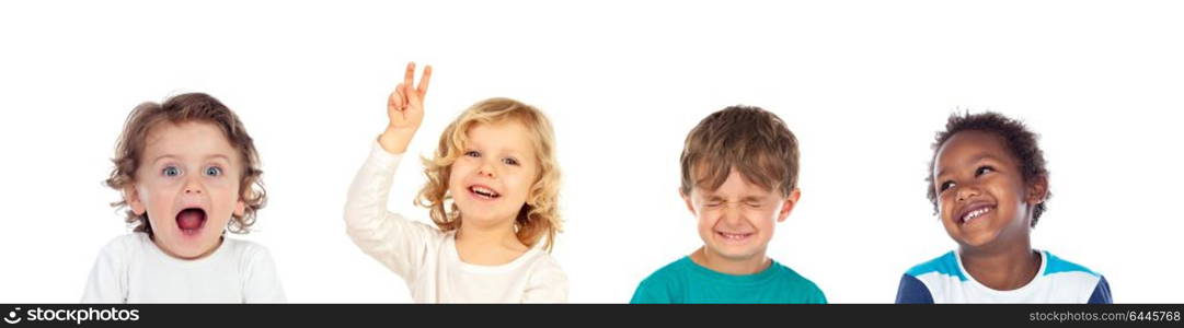 Four children making different expressions isolated on a white background