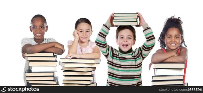 Four children with many books isolated on a white background