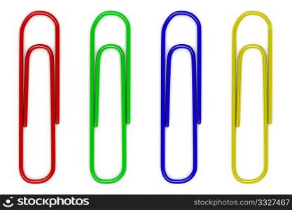 four color paperclips isolated on white background