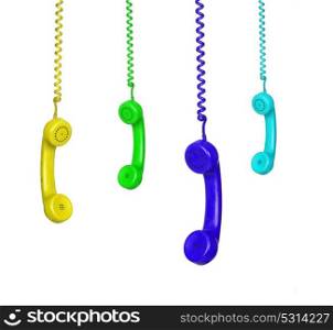 Four color phones hanging isolated on a white background with a reflection
