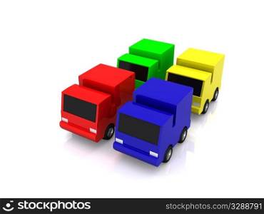 four colored cars. 3d