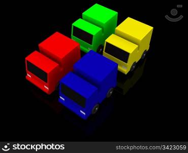 four colored cars. 3d