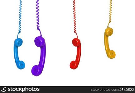 Four colored phones hanging isolated on white background&#xA;