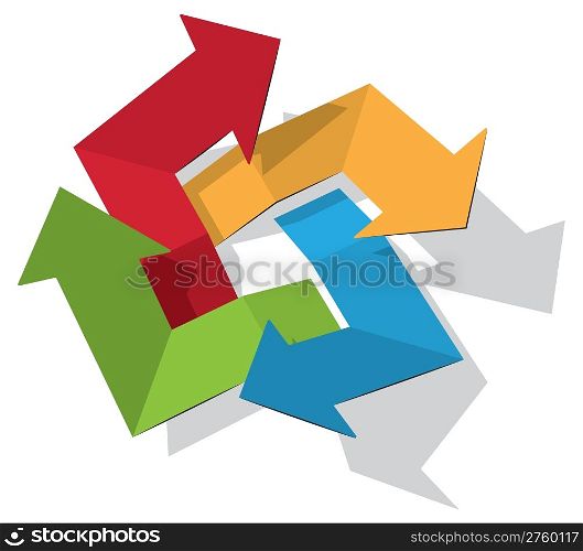 Four colorful arrows rotating, casting shadow