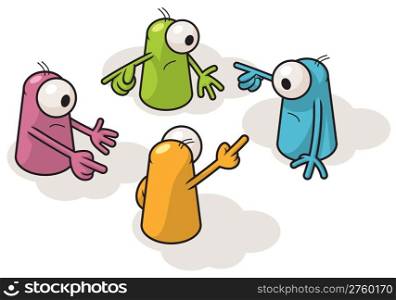 Four colorful creatures solving a confusing situation. Pointing at each other