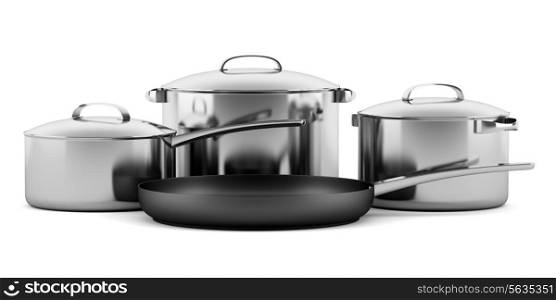 four cooking pans isolated on white background