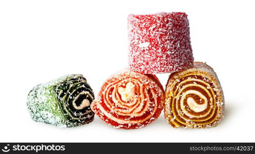 Four different pieces of Turkish delight isolated on white background