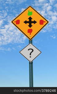four directions intersection road sign, good and bad choice concept