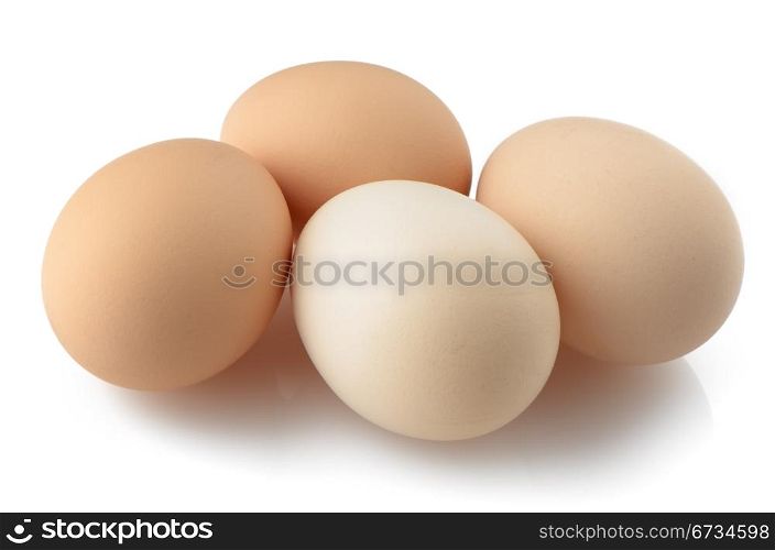 Four eggs isolated on white background.