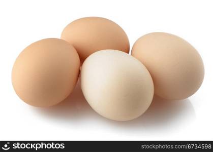 Four eggs isolated on white background.