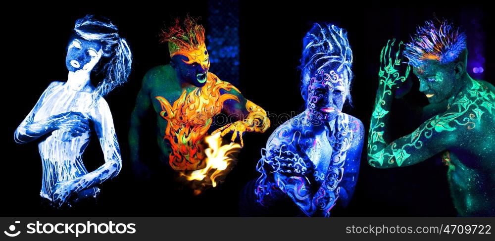 Four elements. Body art glowing in ultraviolet light, isolated on black background