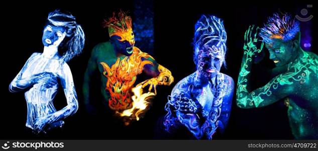 Four elements. Body art glowing in ultraviolet light, isolated on black background