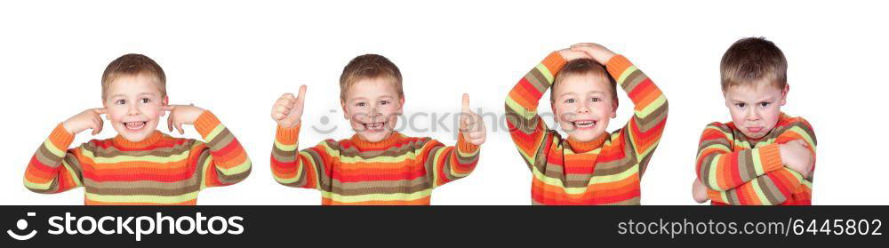 Four equal children with different expressions isolated on a white background