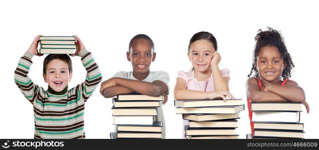 Four funny children with many books isolated on a white background