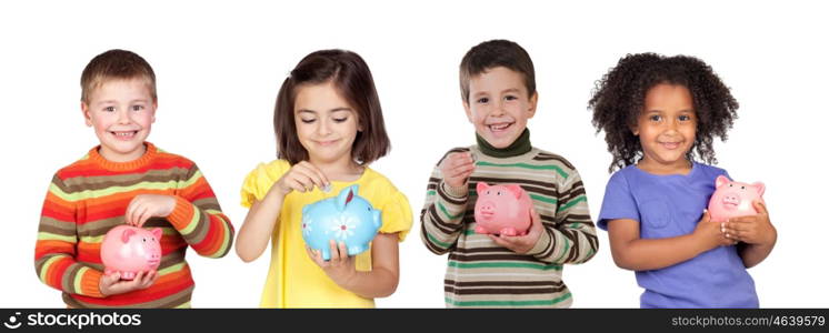 Four funny children with money-box isolated on a white background