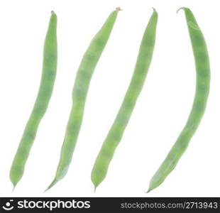 four green bean pods isolated on white background