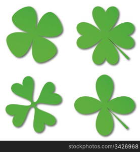 Four green cloverleafs on a white background