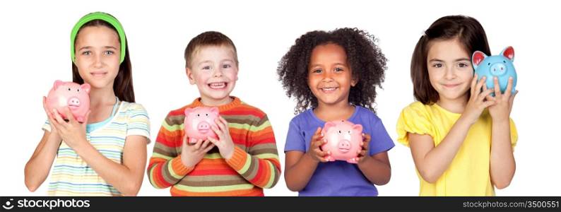 Four happy children with moneybox savings isolated over white