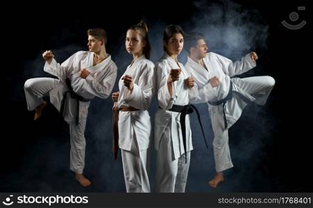 Four karate fighters in white kimono, group training, dark smoky background. Karatekas on workout, martial arts, fighting. Four karate fighters in kimono, smoky background