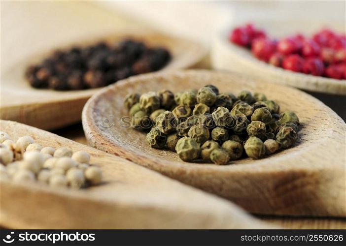 Four kinds of peppercorns in wooden cooking spoons, macro