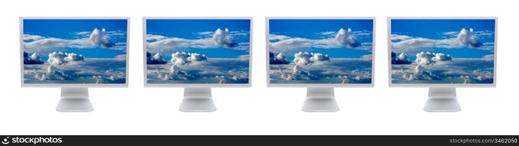 Four LCD computer monitor isolated over white background with photo of sky and clouds (my photo)