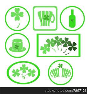 Four- leaf clover - Irish shamrock St Patrick&rsquo;s Day symbol. Useful for your design. Green clover labels. St. Patrick&rsquo;s day green icons on white background.