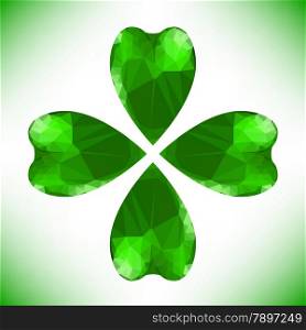 Four- leaf clover - Irish shamrock St Patrick&rsquo;s Day symbol. Useful for your design. Green glass clover isolated on white background.Stylish abstract St. Patrick&rsquo;s day background with leaf clover.