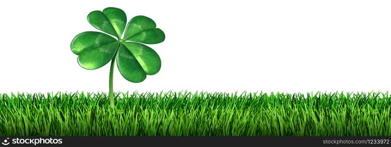 Four leaf clover leaf on grass isolated on white background as a Saint patricks day Irish symbol for a green lucky charm spring icon of good luck fortune and success as a 3D illustration.