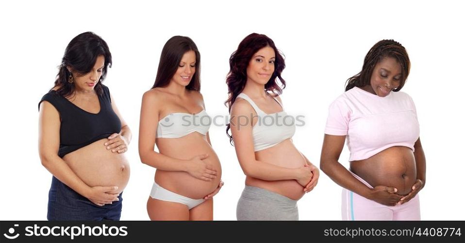 Four moms stroking her belly isolated on white background