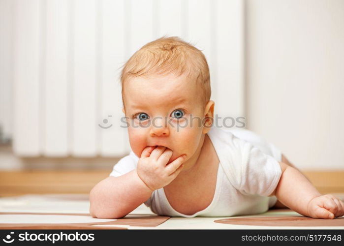 Four months old baby crawling on floor