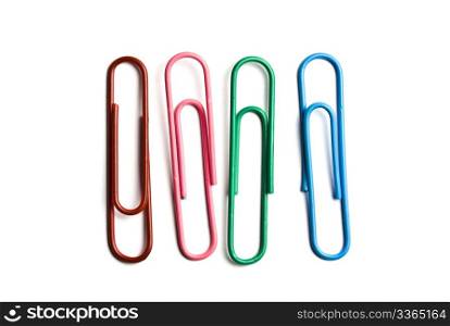 Four multicolored paperclips isolated on white background